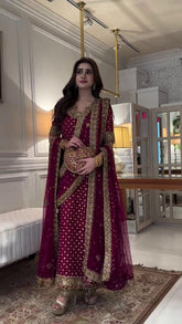 HARIS SHAKEEL – AISHA MARGENTA UNSTICHTED EMBROIDERED 3PC MAXI - KPA0127