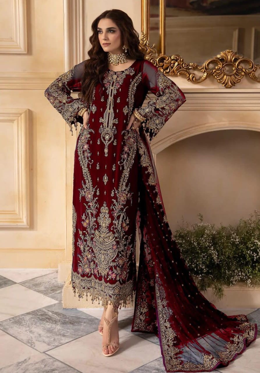 CHARIZMA chiffon viscos thread embroidered hand embellished luxury wedding unstitched 3pc