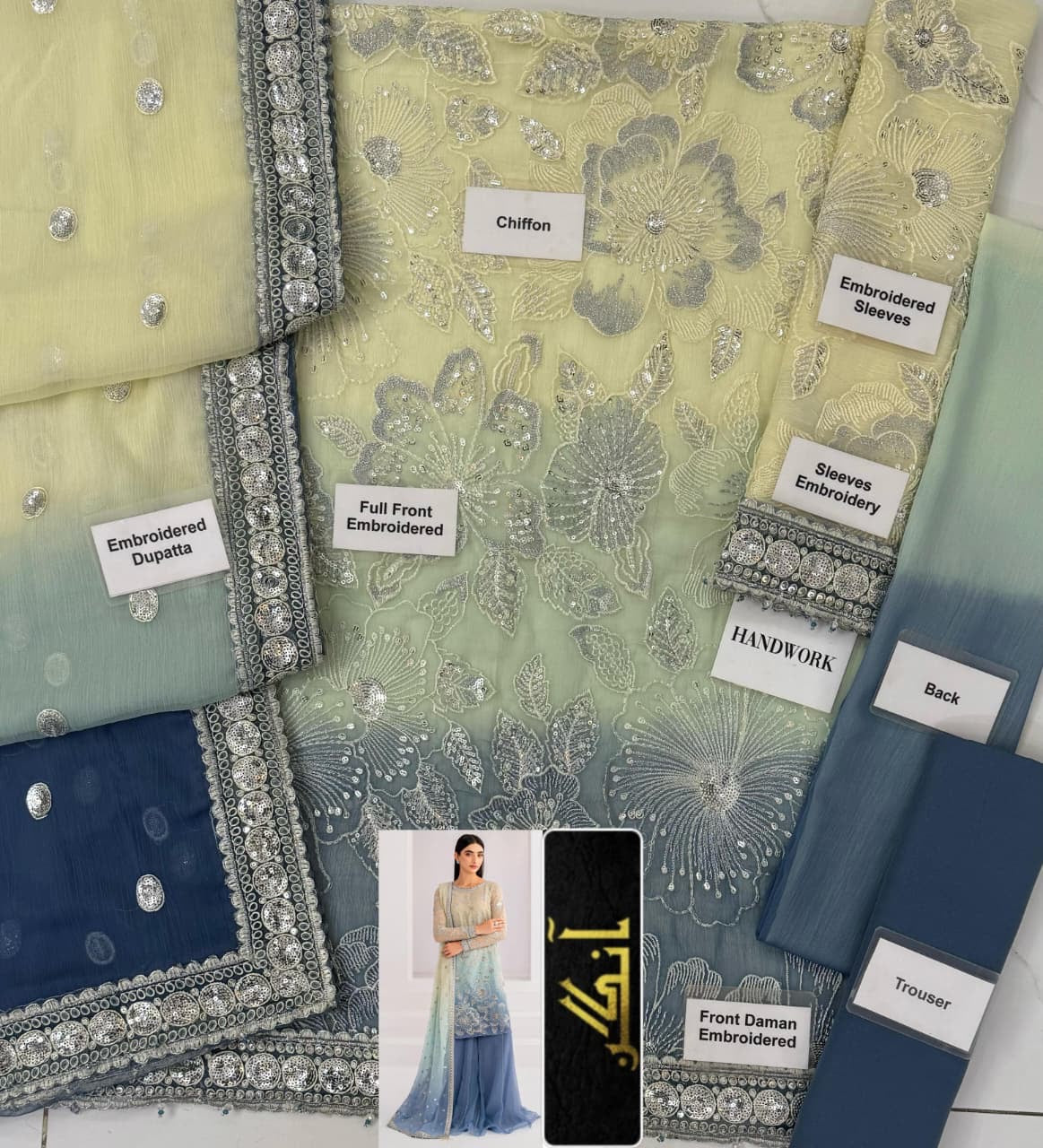 JAZMIN chiffon embroidered sequence luxury unstitched 3pc