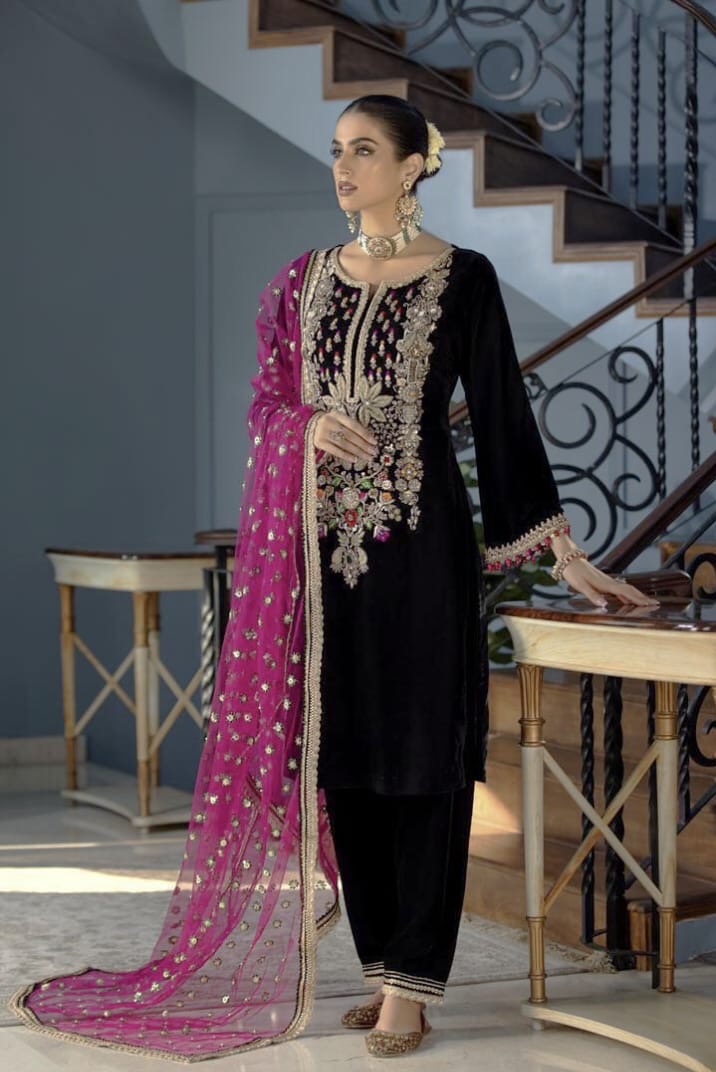 VELVET embroidered hand embellished luxury unstitched 3pc✓