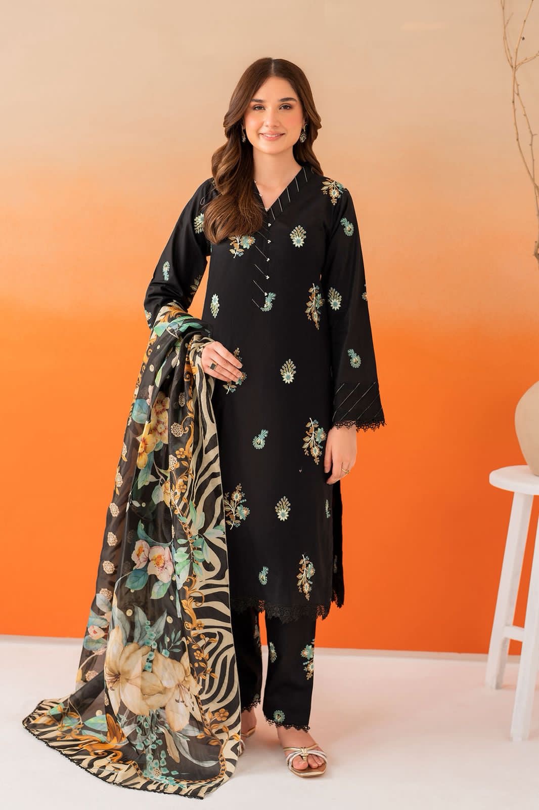 SHEIN dhanak embroidered & wool cambric printed shawl unstitced 3pc