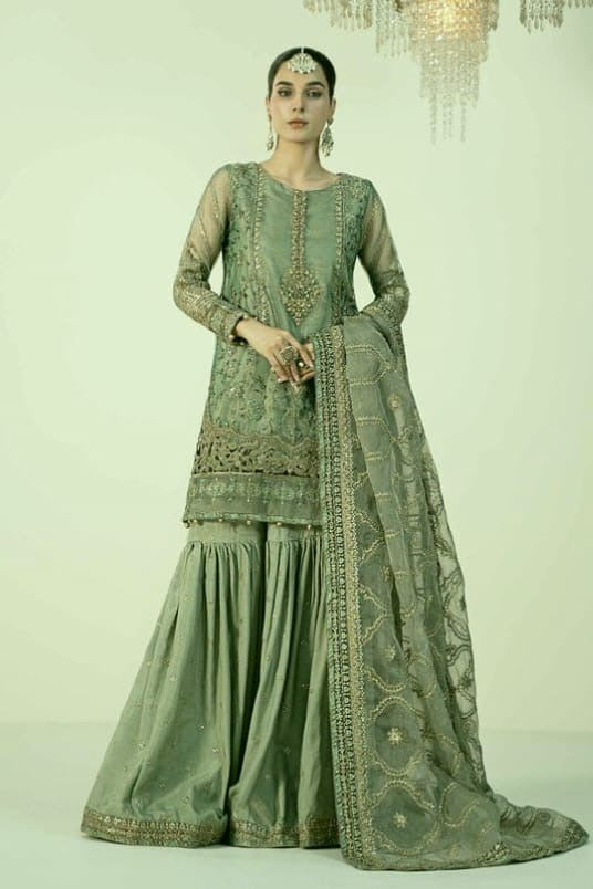 MARIA.B organza embroidered hand embellished copper zari work gharara unstitched 3pc✓
