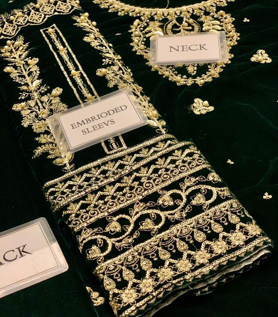 ANEELAS velvet embroidered hand embellished luxury unstitched 3pc