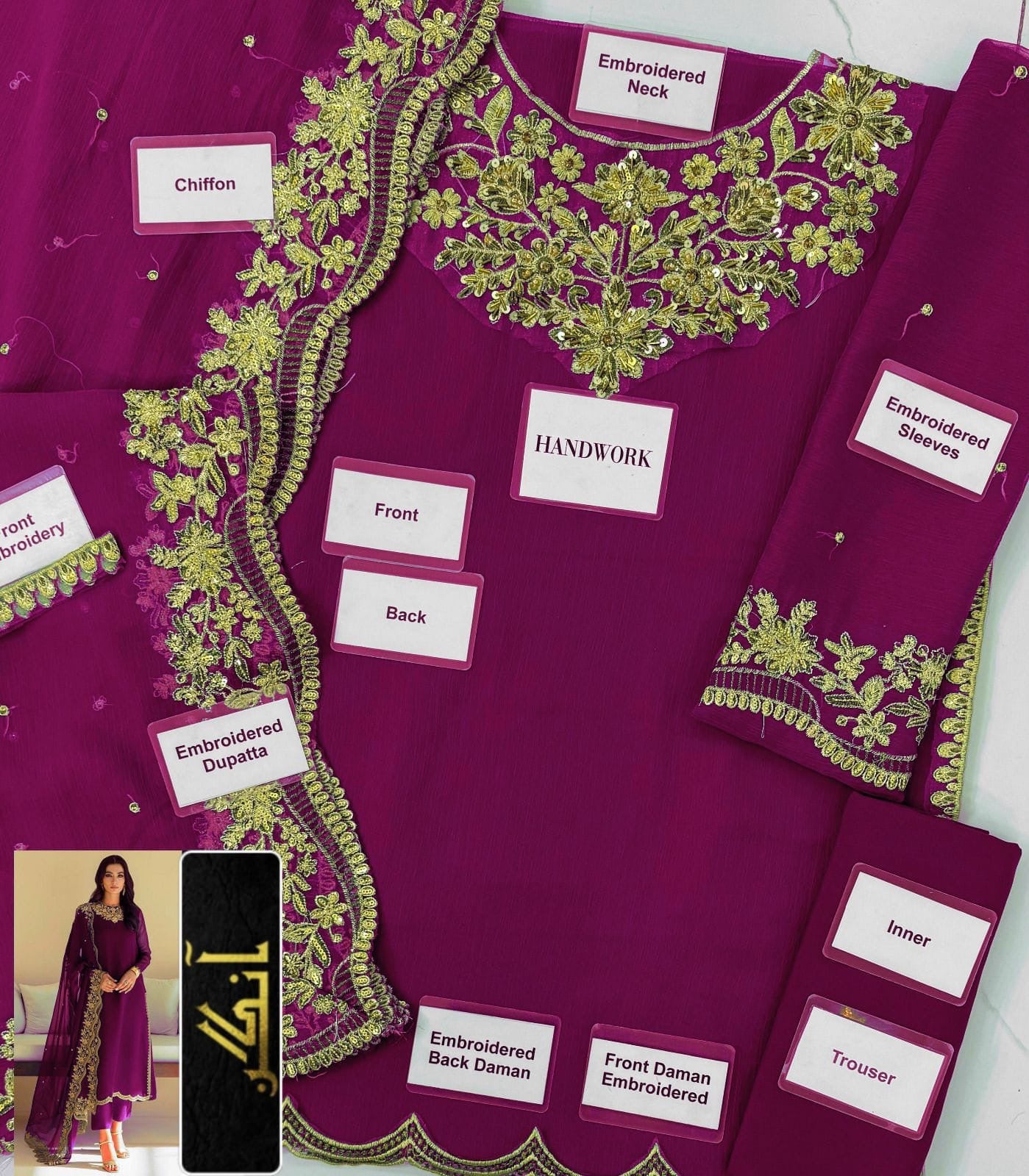 BAROQUE chiffon embroidered sequence hand emblished neck unstitced 3pc