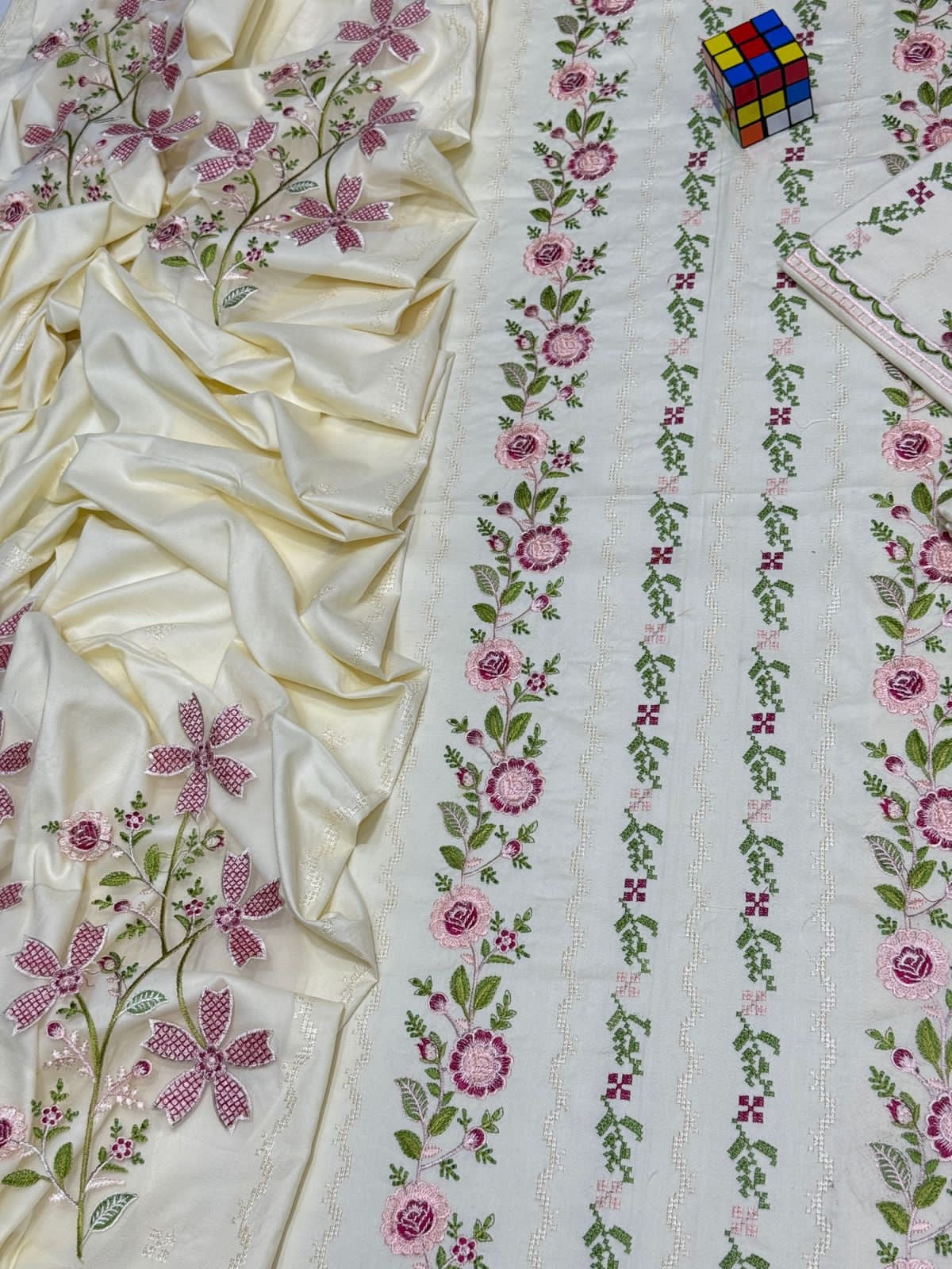 BAREEZE dhanak embroiderd & embroidered shawl unstitced 3pc