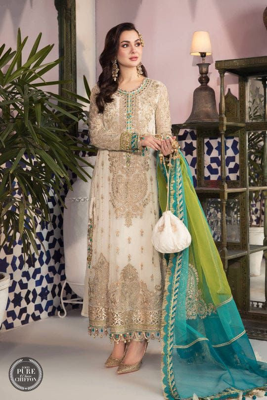 MARIA B  Front fully heavy embroidered with full handwork pearls and full length