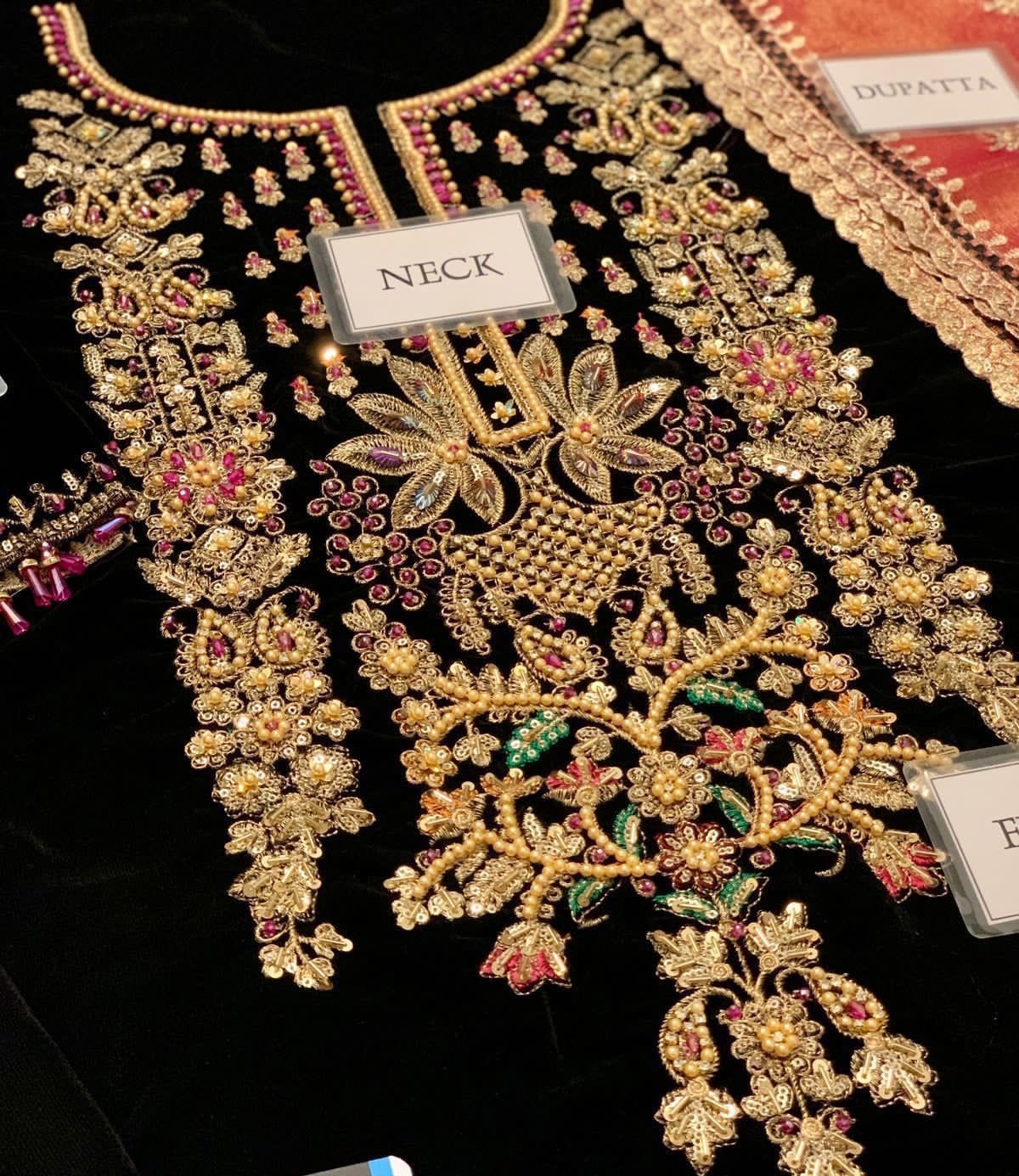 ANGAN velvet embroidered hand emblished luxury unstitched 3pc