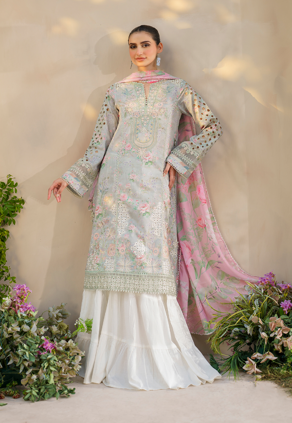 IZNIK lawn chikankari printed with embroidered patch unstitced 3pc✓